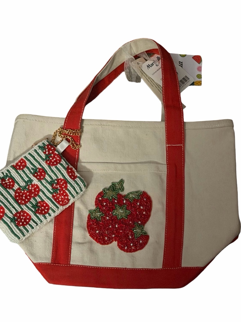 Mary Frances Cream Canvas Tote with Red Trim and Strawberry Appliqué